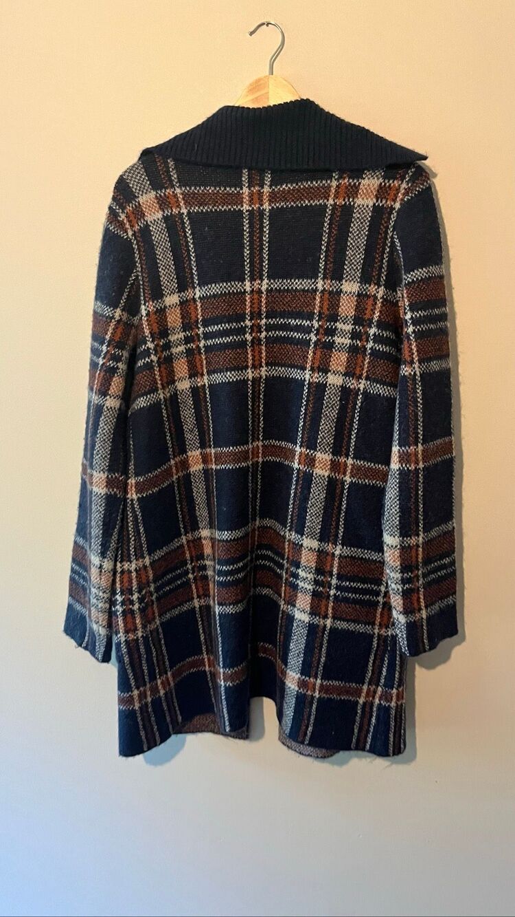 Tahari Plaid Open Front Cardigan Sweater Coat Medium Navy Blue Brown Wool Blend - Picture 4 of 9